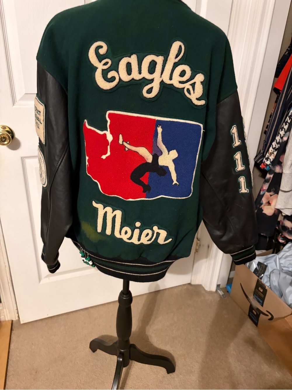 Dark Green & Black Varsity Letterman Jacket with Contrast Sleeves - Picture 2 of 6